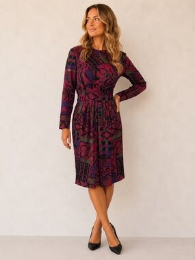 Vintage 80s Gillian Silk Abstract Print Dress Red Olive Size 8
